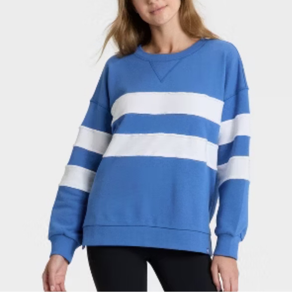 JoyLab Striped Oversized French Terry Crewneck Sweatshirt Blue White XXL - Picture 2 of 12